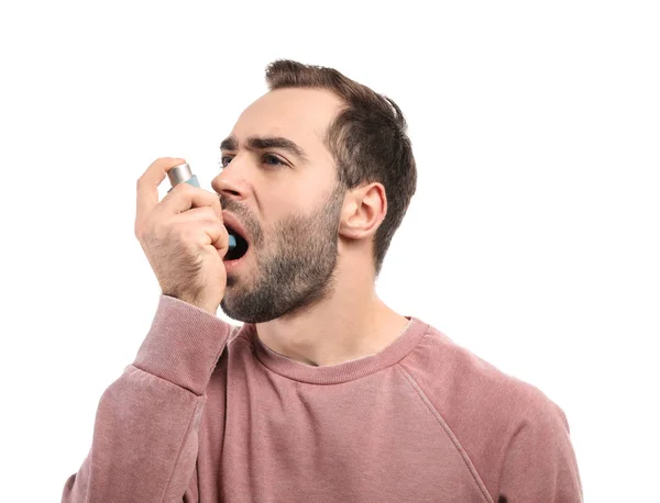 Young Man Inhaler Having Asthma Attack White Background — Stock Photo, Image