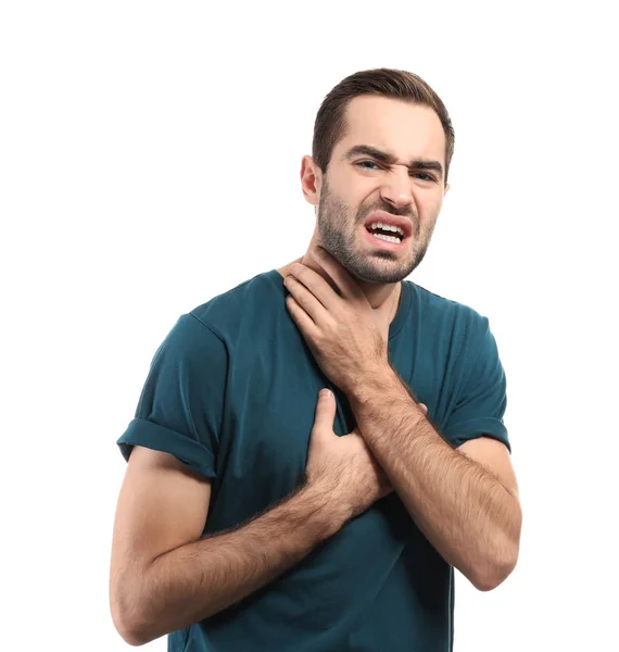 Mladý Muž Astmatický Záchvat Bílém Pozadí — Stock fotografie