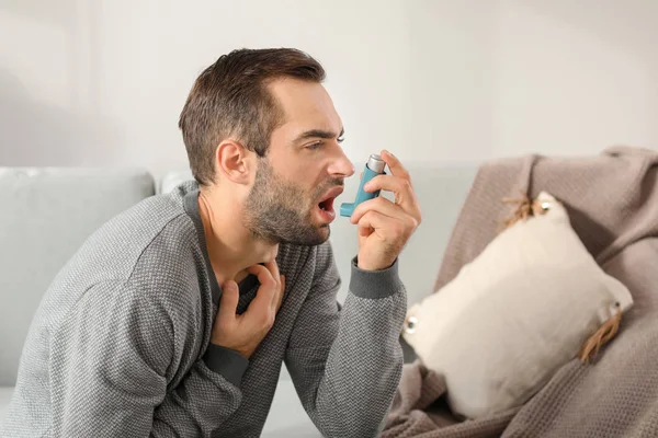 Young Man Inhaler Having Asthma Attack Home — Stock Photo, Image