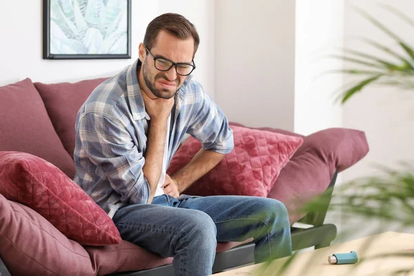 Young Man Having Asthma Attack Home — Stock Photo, Image