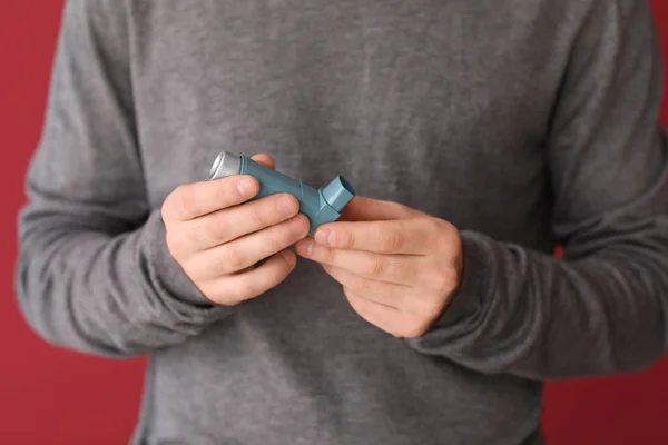 Young Man Inhaler Color Background Closeup — Stock Photo, Image