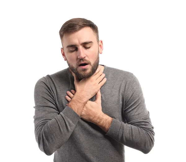 Young Man Having Asthma Attack White Background — Stock Photo, Image