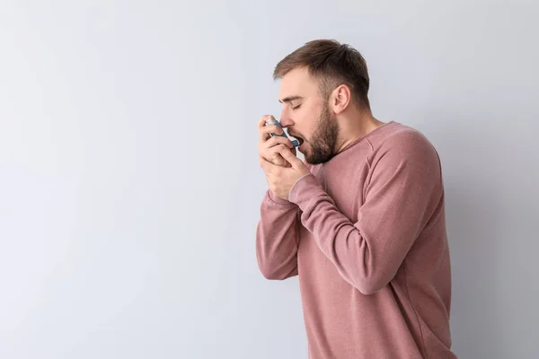 Young Man Inhaler Having Asthma Attack White Background — Stock Photo, Image