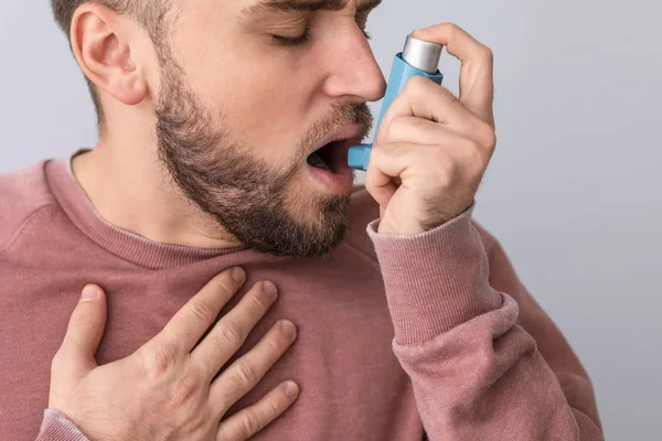 Young Man Inhaler Having Asthma Attack White Background — Stock Photo, Image