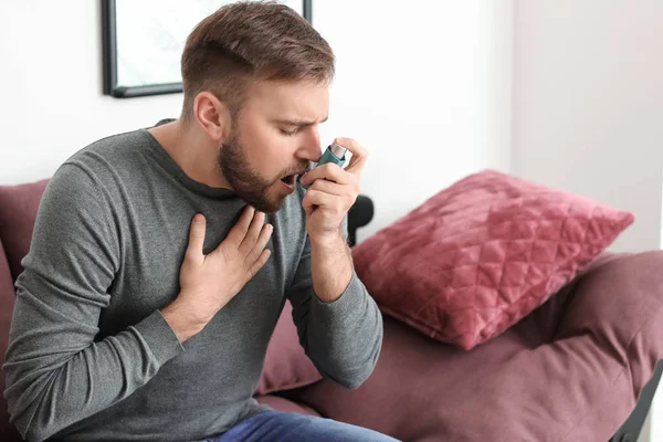 Young Man Inhaler Having Asthma Attack Home — Stock Photo, Image