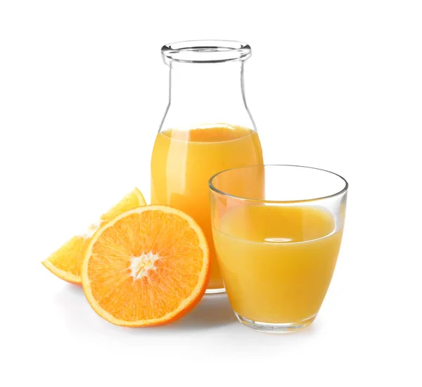 Glass Bottle Fresh Orange Juice White Background — Stock Photo, Image