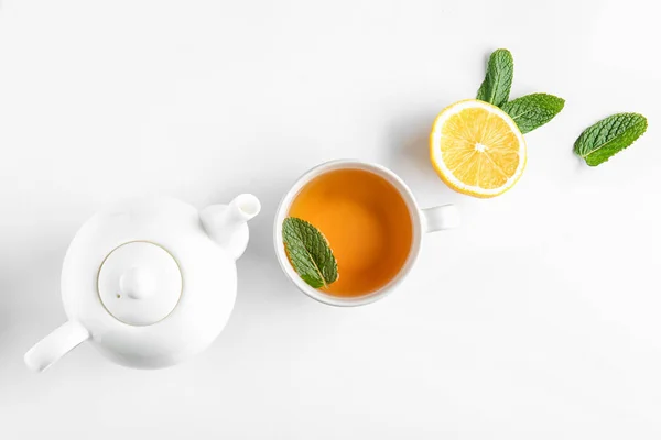 Teapot Cup Hot Beverage Lemon Mint White Background — Stock Photo, Image