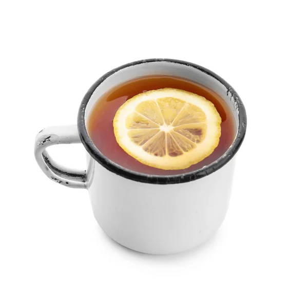 Beyaz Arka Plan Üzerinde Limonlu Sıcak Çay Bir Fincan — Stok fotoğraf
