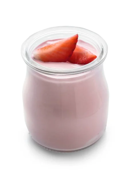 Glas Mit Leckerem Erdbeerjoghurt Auf Weißem Hintergrund — Stockfoto