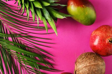 Sulu tropikal meyve ve yaprakları renk arka plan üzerinde çerçeve yaptı