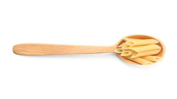 Spoon Uncooked Penne Pasta White Background — Stock Photo, Image
