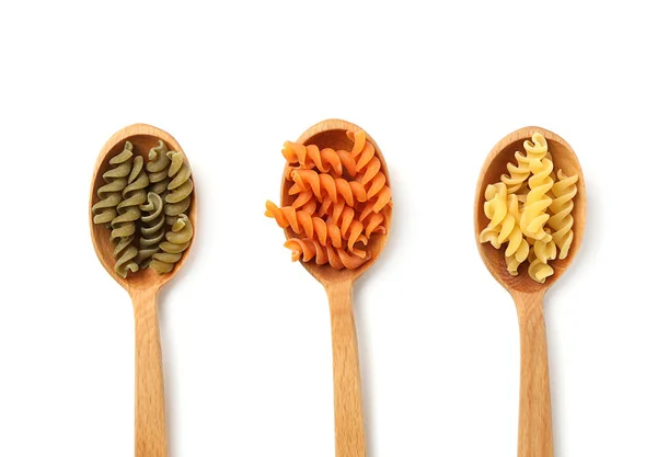 Spoons Uncooked Fusilli Pasta White Background — Stock Photo, Image