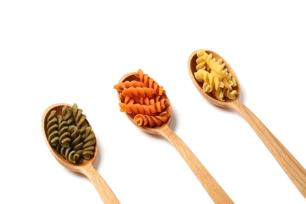 Spoons Uncooked Fusilli Pasta White Background — 스톡 사진