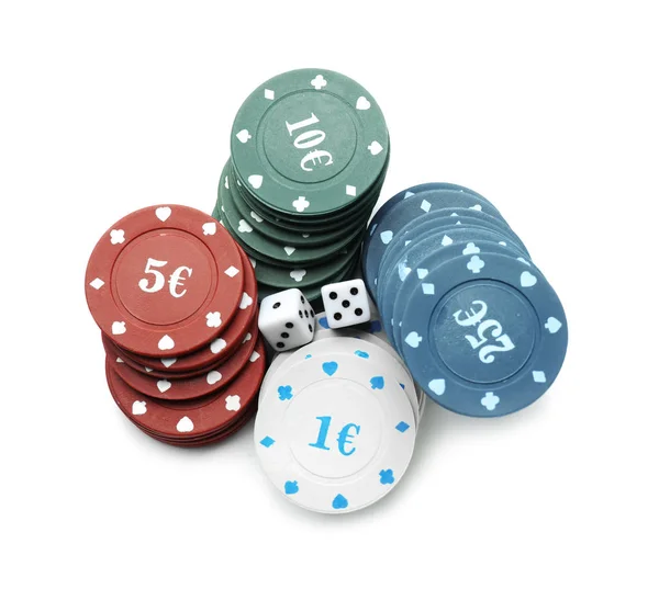 Chips Dados Para Jogos Azar Cassino Fundo Branco — Fotografia de Stock