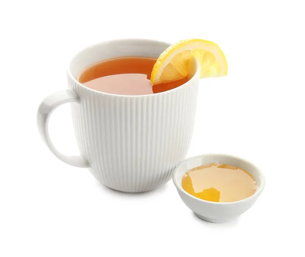Cup Hot Tea Lemon Honey White Background — Stock Photo, Image