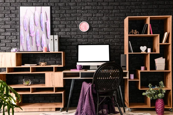 Stylish Workplace Modern Computer Dark Brick Wall — Stock Photo, Image