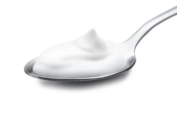 Spoon Med Välsmakande Yoghurt Vit Bakgrund — Stockfoto