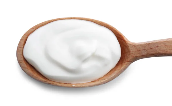 Drewnianą Łyżką Smaczny Jogurt Białym Tle — Zdjęcie stockowe