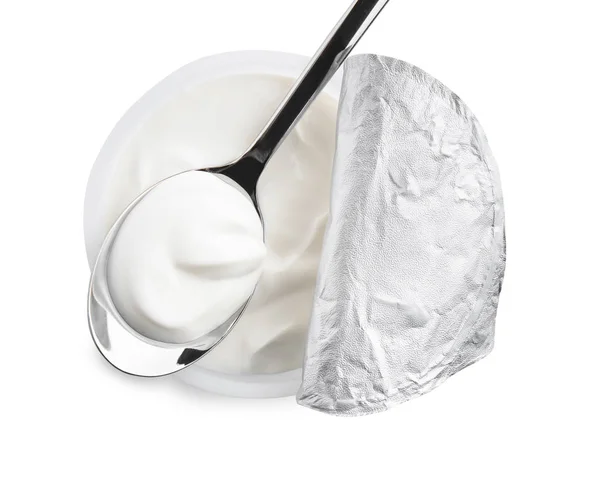 Plastic Cup Tasty Yogurt Spoon White Background — Stock Photo, Image