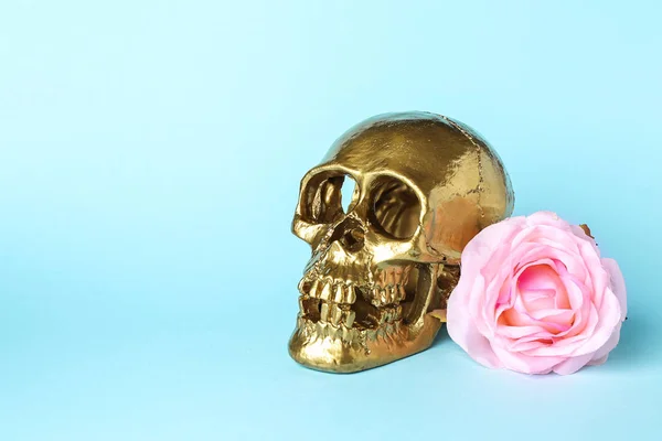 Çiçek Renk Arka Plan Üzerinde Altın Insan Kafatası — Stok fotoğraf