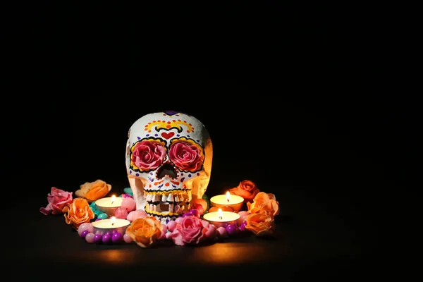Painted Human Skull Burning Candles Flowers Mexico Day Dead Dark — ストック写真