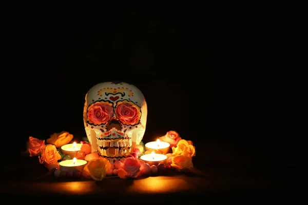 Painted Human Skull Burning Candles Flowers Mexico Day Dead Dark — Stock Fotó