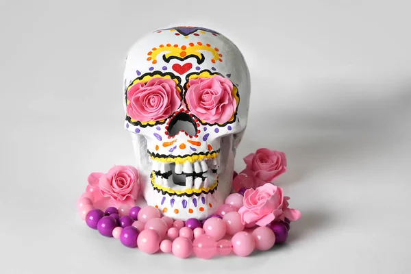 Painted Human Skull Beads Mexico Day Dead White Background — Stock Photo, Image