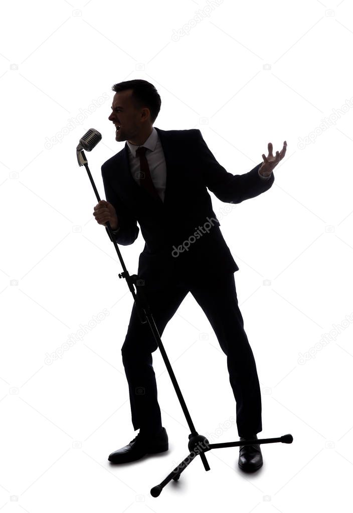 Silhouette of young singer on white background