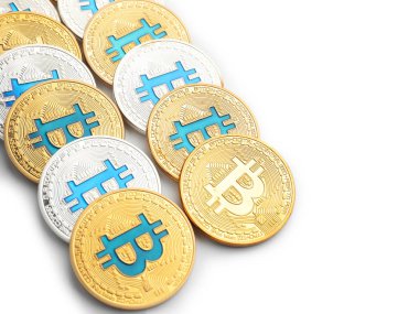 Beyaz arka plan üzerinde pek çok bitcoins