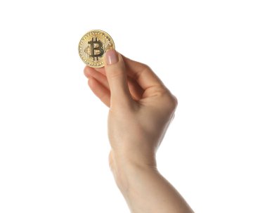 El ile bitcoin beyaz arka plan üzerinde