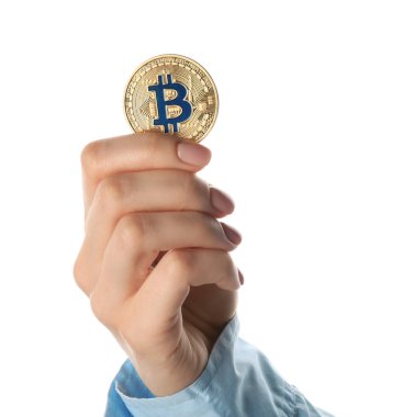 El ile bitcoin beyaz arka plan üzerinde