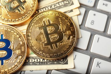Bitcoins ve doları Lirası üstünde Pc klavye, portre