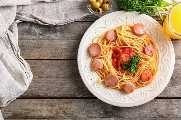 Plate Delicious Pasta Sausage Wooden Table — Stock Photo, Image