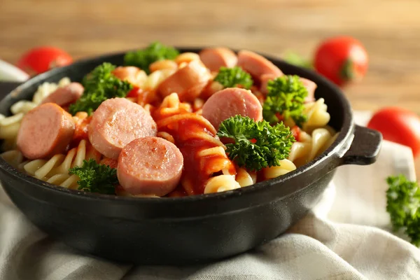 Delicious Pasta Sausage Sauce Pan — Stock Photo, Image