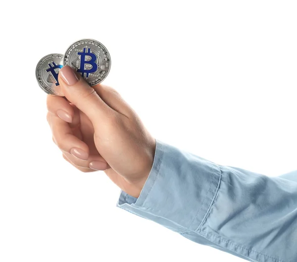 Female Hand Bitcoins White Background — Stock Photo, Image