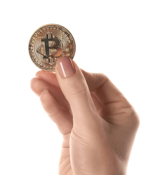 Female Hand Bitcoin White Background — Stock Photo, Image