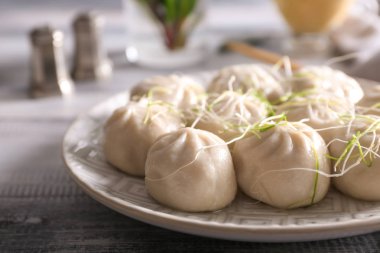 Tablo, closeup lezzetli Çin köfte ile plaka