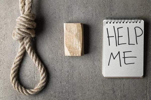 Rope with loop, soap and notebook with text HELP ME on grey background. Suicide concept