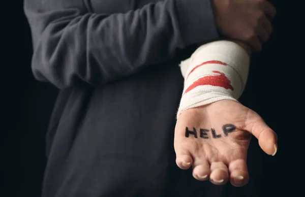 Woman Bloodstained Bandage Word Help Written Her Palm Suicide Awareness — Stock Photo, Image