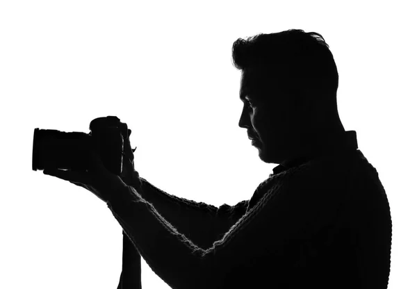 Silhouette Eines Männlichen Fotografen Auf Weißem Hintergrund — Stockfoto