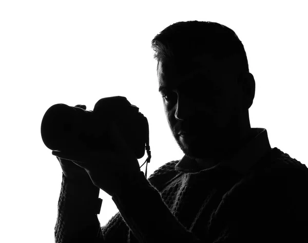 Silhouet Van Mannelijke Fotograaf Witte Achtergrond — Stockfoto