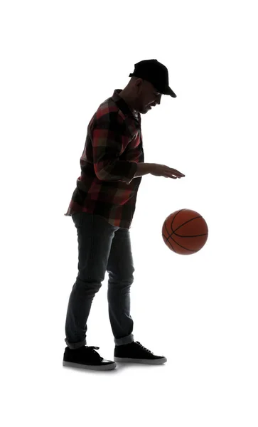 Silhueta Homem Jogando Basquete Fundo Branco — Fotografia de Stock