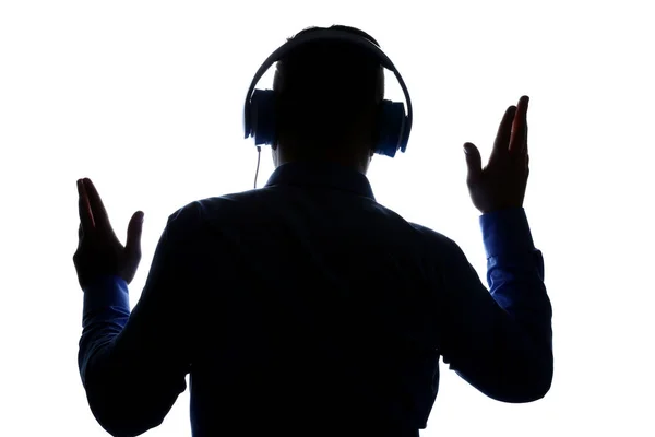 Silhouet Van Man Luisteren Naar Muziek Witte Achtergrond — Stockfoto