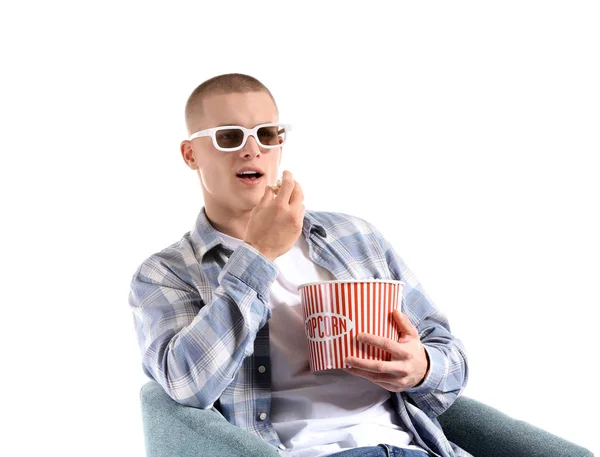 Young Man Popcorn Watching Movie White Background — Stock Photo, Image