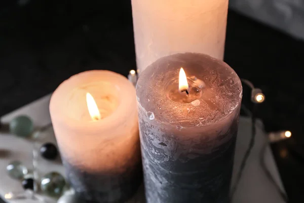 Beautiful Burning Candles Table Closeup — Φωτογραφία Αρχείου