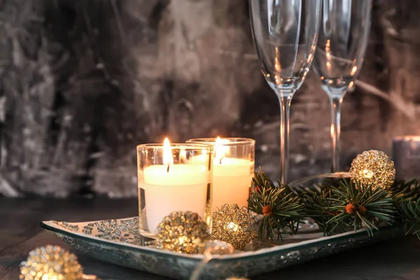 Christmas Composition Burning Candles Garland Grey Table — Stock Photo, Image