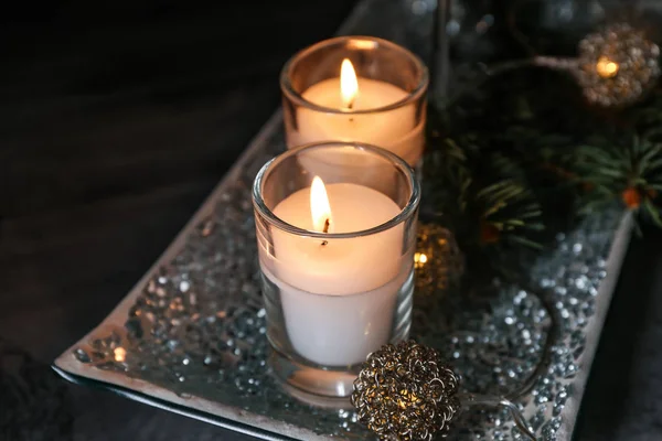 Tray Beautiful Burning Candles Dark Table — Stock Photo, Image