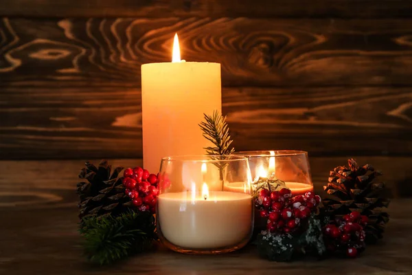 Beautiful Burning Candles Christmas Decor Wooden Table — Stock Photo, Image