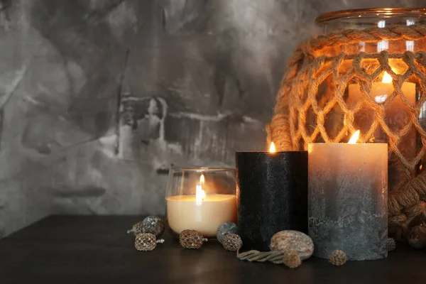 Beautiful Burning Candles Dark Table — Stock Photo, Image