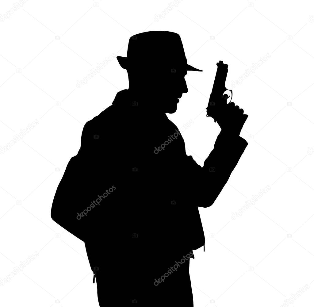 Black silhouette of man with gun on white background